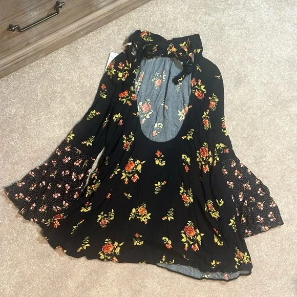 FREE PEOPLE Women’s Tate Black Floral Tie Neck Mini Shift Dress Tunic XS - Picture 7 of 11